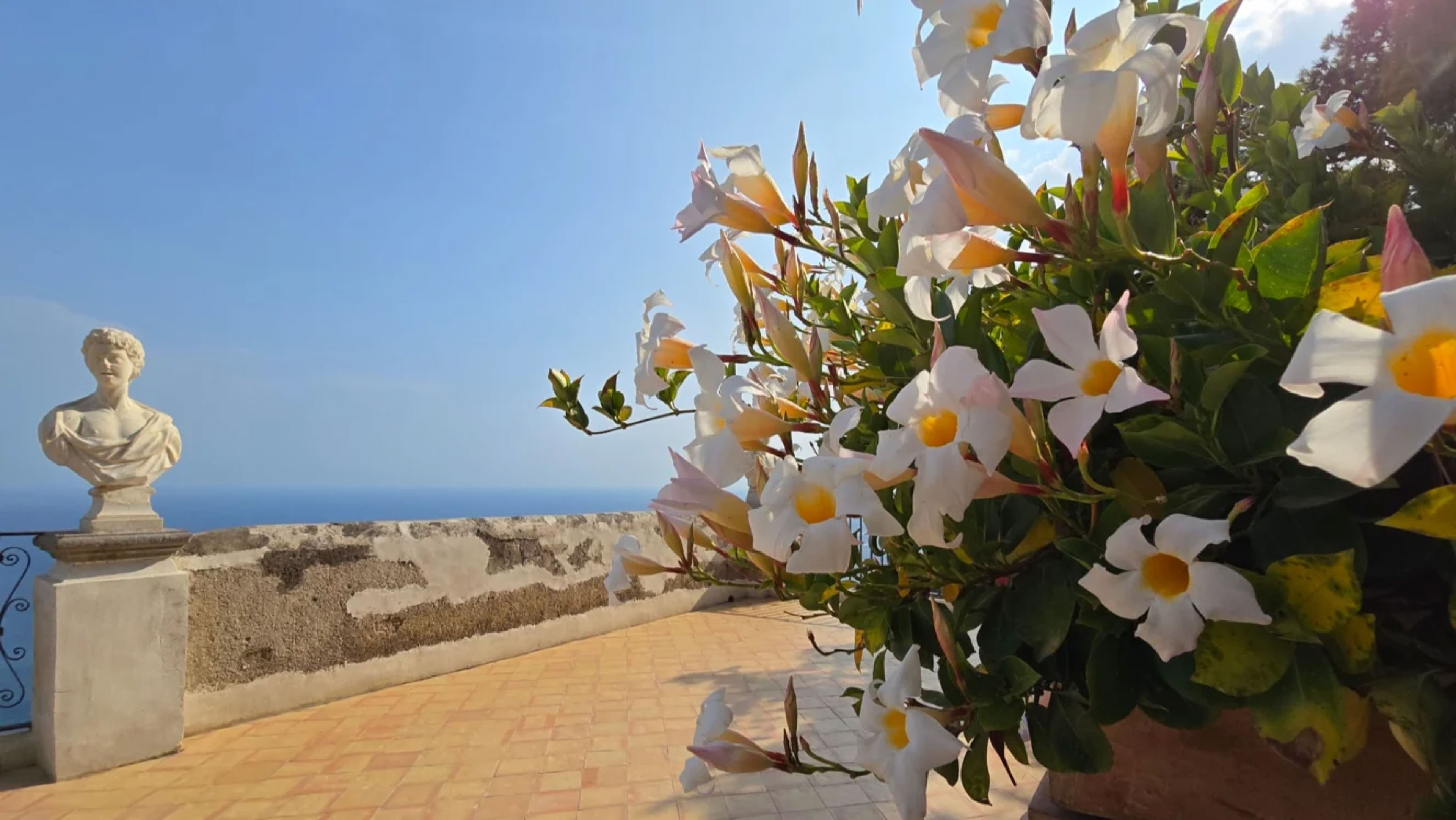A stone bust on a pedestal near a stone wall overlooking the sea, with a large bouquet of white flowers in the foreground.