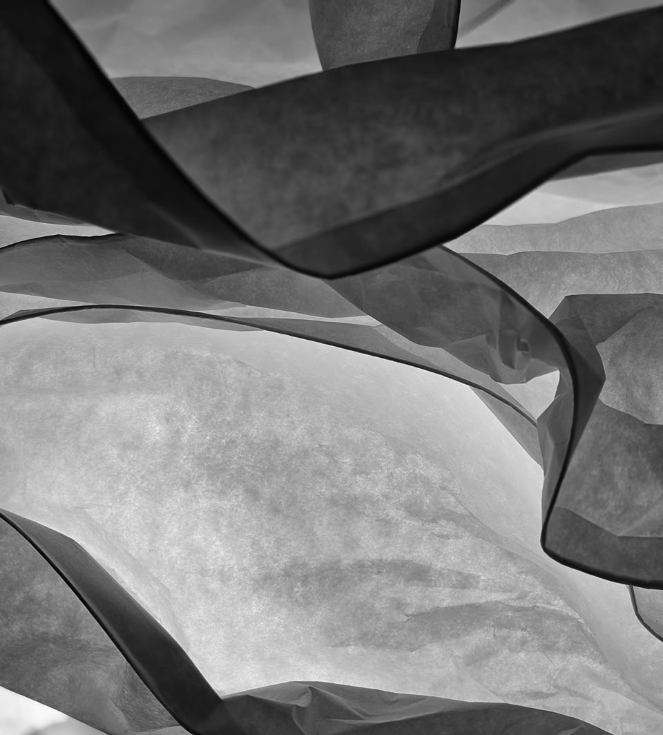 Abstract image with overlapping translucent black and gray ribbons.