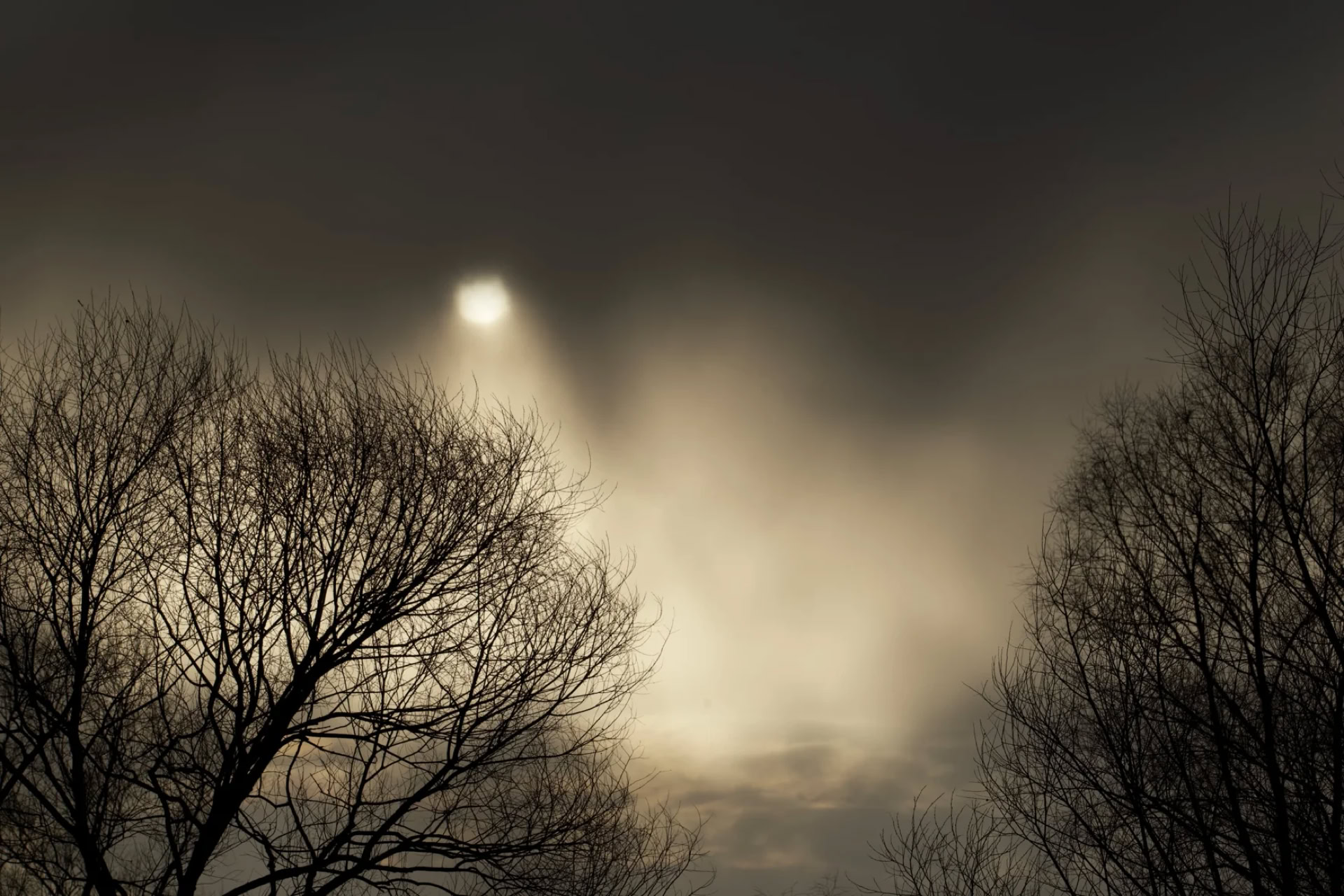 Dark, cloudy sky with a bright light shining through, silhouetted bare trees in the foreground.