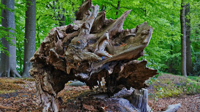 A large, twisted tree root with jagged edges in a forest setting, surrounded by green foliage and fallen leaves.