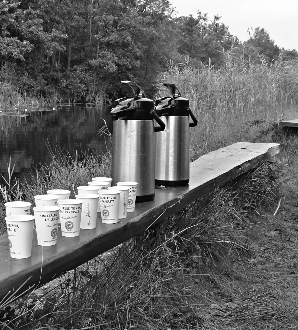 A row of disposable cups and two thermoses on a wooden bench near a body of water, with trees and grass in the background.