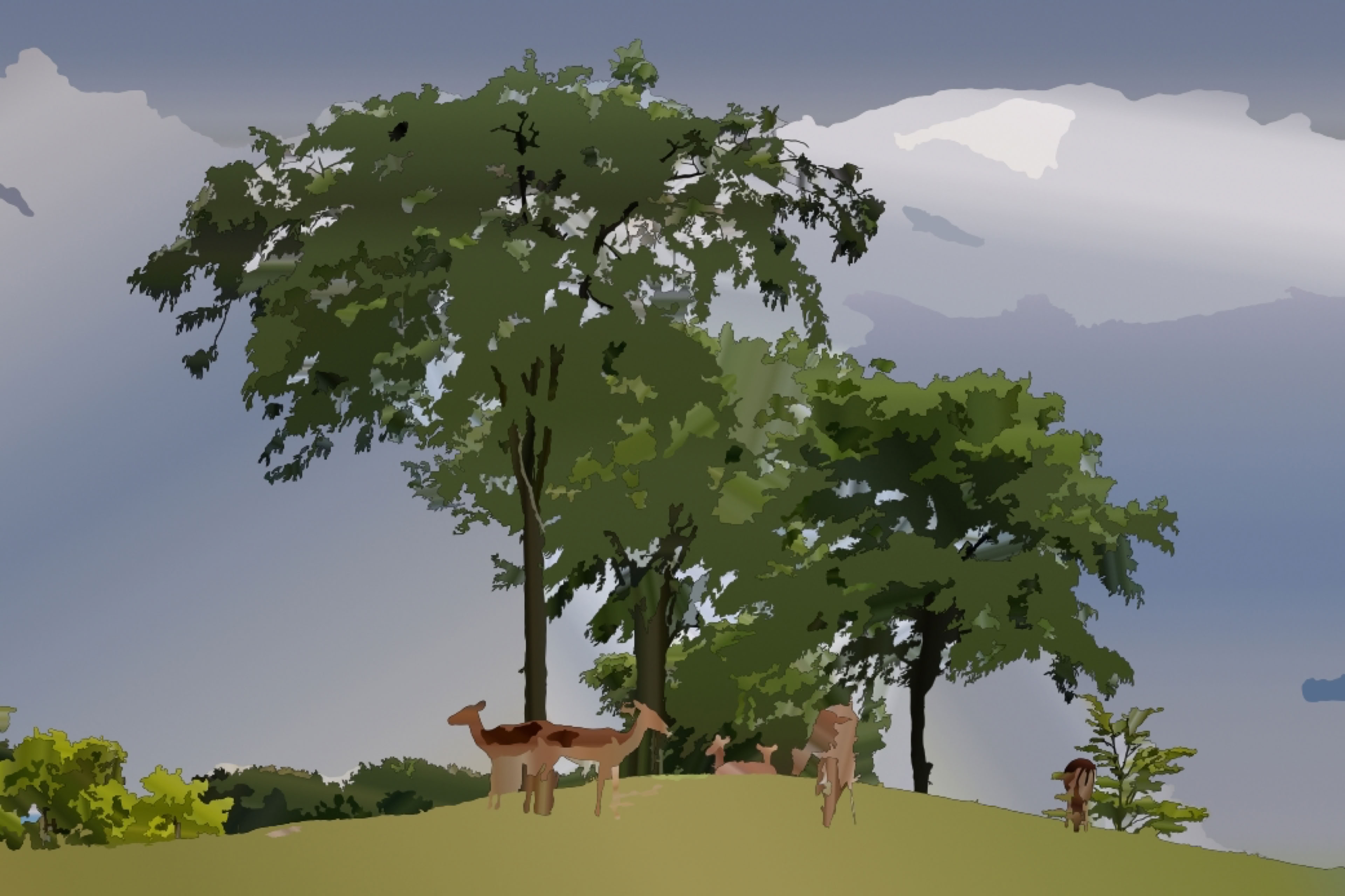 A group of deer standing on a grassy hill with trees in the background under a cloudy sky.