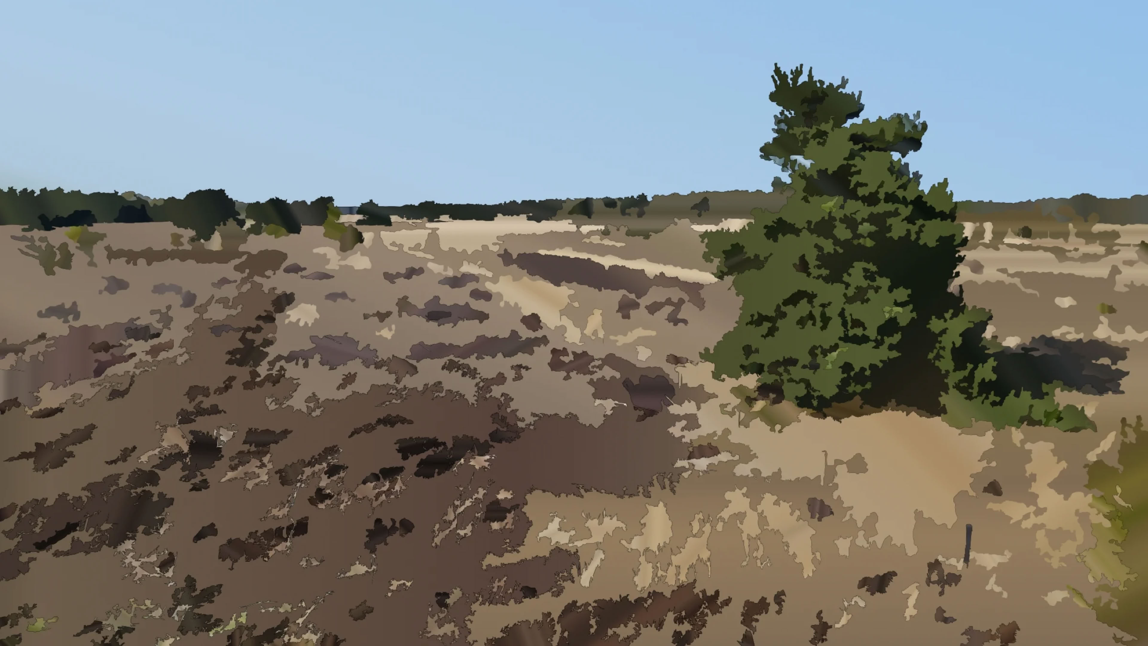 A landscape with a large tree on the right, surrounded by dry grass and shrubs under a clear blue sky.