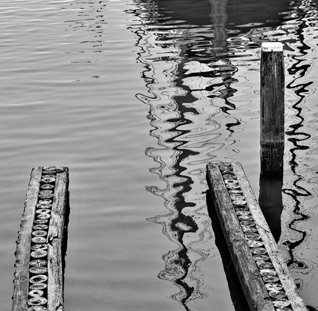 Black and white image of wooden posts and beams partially submerged in water with reflections creating wavy patterns.